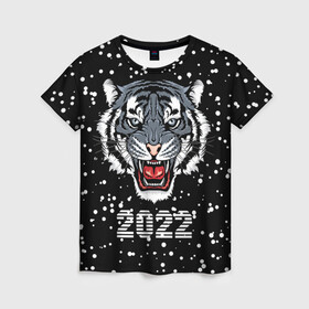 Женская футболка 3D с принтом Черный водяной тигр 2022 , 100% полиэфир ( синтетическое хлопкоподобное полотно) | прямой крой, круглый вырез горловины, длина до линии бедер | 2022 | beast | black water tiger | fangs | merry christmas | new year | predator | snow | stern grin | winter | year of the tiger | год тигра | зверь | зима | клыки | новый год | снег | суровый оскал | хищник | черный водяной тигр