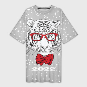 Платье-футболка 3D с принтом Белый тигр с красным бантом ,  |  | 2022 | animal | fangs | merry christmas | new year | predator | red bow | severe grin | snow | white water tiger | winter | year of the tiger | белый водяной тигр | год тигра | зверь | зима | клыки | красный бант | новый год | очки | снег | суро