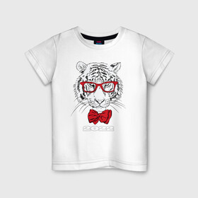 Детская футболка хлопок с принтом Белый тигр в красных очках , 100% хлопок | круглый вырез горловины, полуприлегающий силуэт, длина до линии бедер | 2022 | beast | bow tie | fangs | merry christmas | new year | predator | stern grin | white water tiger | year of the tiger | белый водяной тигр | галстук бабочка | год тигра | зверь | клыки | красные очки | новый год | суровый оскал | хищни