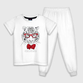 Детская пижама хлопок с принтом Белый тигр в красных очках , 100% хлопок |  брюки и футболка прямого кроя, без карманов, на брюках мягкая резинка на поясе и по низу штанин
 | Тематика изображения на принте: 2022 | beast | bow tie | fangs | merry christmas | new year | predator | stern grin | white water tiger | year of the tiger | белый водяной тигр | галстук бабочка | год тигра | зверь | клыки | красные очки | новый год | суровый оскал | хищни