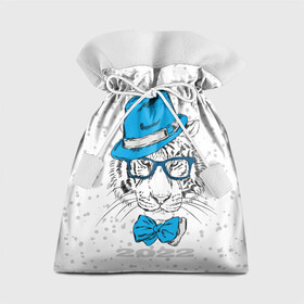 Подарочный 3D мешок с принтом Белый тигр в синей шляпе , 100% полиэстер | Размер: 29*39 см | Тематика изображения на принте: 2022 | beast | blue hat | bow | merry christmas | new year | predator | snow | white water tiger | winter | year of the tiger | бант | белый водяной тигр | год тигра | зверь | зима | новый год | очки | синяя шляпа | снег | хищник
