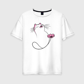 Женская футболка хлопок Oversize с принтом Котик с цветком , 100% хлопок | свободный крой, круглый ворот, спущенный рукав, длина до линии бедер
 | cat | звери | кот | котенок | котик | кошка | подарок | цветок