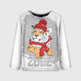 Детский лонгслив 3D с принтом Тигр в красной шапке , 100% полиэстер | длинные рукава, круглый вырез горловины, полуприлегающий силуэт
 | Тематика изображения на принте: 2022 | beast | merry christmas | new year | predator | proud tiger | red hat | scarf | snow | winter | year of the tiger | год тигра | гордый тигр | зверь | зима | красная шапка | новый год | снег | хищник | шарф