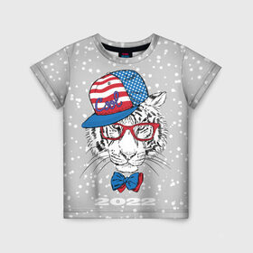 Детская футболка 3D с принтом Крутой белый тигр , 100% гипоаллергенный полиэфир | прямой крой, круглый вырез горловины, длина до линии бедер, чуть спущенное плечо, ткань немного тянется | 2022 | beast | bow | cap | cool | merry christmas | new year | predator | snow | tiger | usa flag | winter | year of the tiger | бант | год тигра | зверь | зима | кепка | крутой | новый год | очки | снег | тигр | флаг сша | хищник