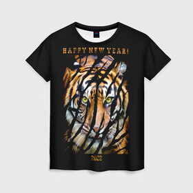 Женская футболка 3D с принтом Happy New Year 2022 , 100% полиэфир ( синтетическое хлопкоподобное полотно) | прямой крой, круглый вырез горловины, длина до линии бедер | 2022 | amur tiger | beast | happy new year | merry christmas | new year | predator | stern look | year of the tiger | амурский тигр | год тигра | зверь | новый год | суровый взгляд | хищник