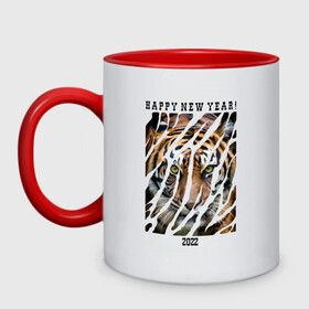 Кружка двухцветная с принтом Happy New Year Tiger , керамика | объем — 330 мл, диаметр — 80 мм. Цветная ручка и кайма сверху, в некоторых цветах — вся внутренняя часть | 2022 | amur tiger | beast | happy new year | merry christmas | new year | predator | stern look | year of the tiger | амурский тигр | год тигра | зверь | новый год | суровый взгляд | хищник