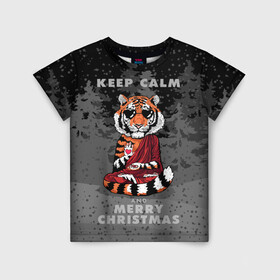 Детская футболка 3D с принтом Keep calm and Merry Christmas , 100% гипоаллергенный полиэфир | прямой крой, круглый вырез горловины, длина до линии бедер, чуть спущенное плечо, ткань немного тянется | 2022 | beast | buddhist | heart | keep calm and merry christmas | meditation | new year | spruce forest | tiger | year of the tiger | буддист | год тигра | ельник | зверь | медитация | новый год | сердце | тигр | черные очки