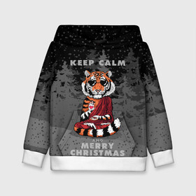 Детская толстовка 3D с принтом Keep calm and Merry Christmas , 100% полиэстер | двухслойный капюшон со шнурком для регулировки, мягкие манжеты на рукавах и по низу толстовки, спереди карман-кенгуру с мягким внутренним слоем | 2022 | beast | buddhist | heart | keep calm and merry christmas | meditation | new year | spruce forest | tiger | year of the tiger | буддист | год тигра | ельник | зверь | медитация | новый год | сердце | тигр | черные очки