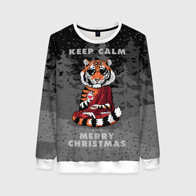 Женский свитшот 3D с принтом Keep calm and Merry Christmas , 100% полиэстер с мягким внутренним слоем | круглый вырез горловины, мягкая резинка на манжетах и поясе, свободная посадка по фигуре | 2022 | beast | buddhist | heart | keep calm and merry christmas | meditation | new year | spruce forest | tiger | year of the tiger | буддист | год тигра | ельник | зверь | медитация | новый год | сердце | тигр | черные очки