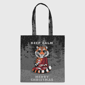 Шоппер 3D с принтом Keep calm and Merry Christmas , 100% полиэстер | Плотность: 200 г/м2; Размер: 34×35 см; Высота лямок: 30 см | 2022 | beast | buddhist | heart | keep calm and merry christmas | meditation | new year | spruce forest | tiger | year of the tiger | буддист | год тигра | ельник | зверь | медитация | новый год | сердце | тигр | черные очки