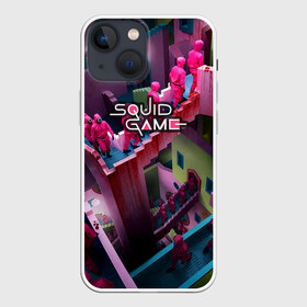 Чехол для iPhone 13 mini с принтом Игра в кальмара лестница (лого можно убрать) ,  |  | ojingeo geim | squid game | игра в кальмара | корейский сериал | кровь | лестница эшера | люди в масках | сахарные соты | хван донхёк | южная корея