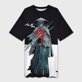 Платье-футболка 3D с принтом Скелет Самурай с трубкой на черно белом фоне ,  |  | catana | ninja | samurai | skillet | sword | катана | киберпанк | маска самурая | меч | пират | путь война | самурай | сёгун | семь самураев | скелет | скилет | токио | чёрный самурай | японский самурай