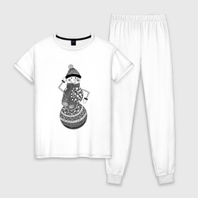 Женская пижама хлопок с принтом Графический снеговик , 100% хлопок | брюки и футболка прямого кроя, без карманов, на брюках мягкая резинка на поясе и по низу штанин | графика | зима | новый год | снег | снеговик | чёрно белый