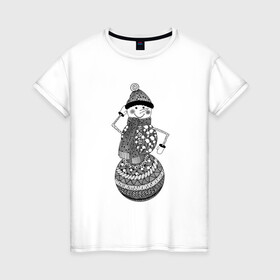 Женская футболка хлопок с принтом Графический снеговик , 100% хлопок | прямой крой, круглый вырез горловины, длина до линии бедер, слегка спущенное плечо | Тематика изображения на принте: графика | зима | новый год | снег | снеговик | чёрно белый
