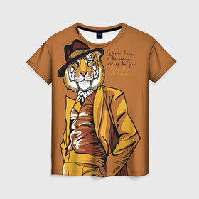 Женская футболка 3D с принтом Good luck in the coming year of the Tiger , 100% полиэфир ( синтетическое хлопкоподобное полотно) | прямой крой, круглый вырез горловины, длина до линии бедер | 2022 | gentleman | happy new year | hat | imposing | look | merry christmas | orange suit | predator | tiger | взгляд | год тигра | джентльмен | новый год | оранжевый костюм | рождество | тигр | хищник | шляпа