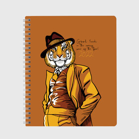 Тетрадь с принтом Good luck in the coming year of the Tiger , 100% бумага | 48 листов, плотность листов — 60 г/м2, плотность картонной обложки — 250 г/м2. Листы скреплены сбоку удобной пружинной спиралью. Уголки страниц и обложки скругленные. Цвет линий — светло-серый
 | 2022 | gentleman | happy new year | hat | imposing | look | merry christmas | orange suit | predator | tiger | взгляд | год тигра | джентльмен | новый год | оранжевый костюм | рождество | тигр | хищник | шляпа