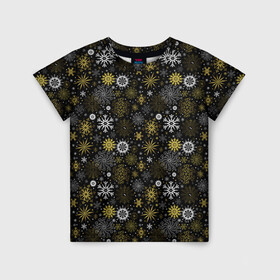 Детская футболка 3D с принтом Зимние Узоры (золотые) , 100% гипоаллергенный полиэфир | прямой крой, круглый вырез горловины, длина до линии бедер, чуть спущенное плечо, ткань немного тянется | merry christmas | дед мороз | ёлка | зима | мороз | новый год | подарок | праздник | рождество | с новым годом | сантаклаус | снег | снеговик | снегурочка | снежинки | снежные узоры | узоры
