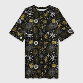 Платье-футболка 3D с принтом Зимние Узоры (золотые) ,  |  | merry christmas | дед мороз | ёлка | зима | мороз | новый год | подарок | праздник | рождество | с новым годом | сантаклаус | снег | снеговик | снегурочка | снежинки | снежные узоры | узоры