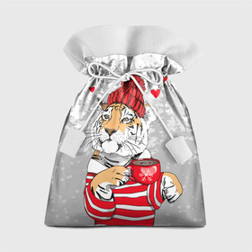 Подарочный 3D мешок с принтом Тигр с чашкой кофе , 100% полиэстер | Размер: 29*39 см | Тематика изображения на принте: 2022 | a cup of coffee | fir forest | happy new year | hearts | merry christmas | red hat | striped fur coat | tiger | year of the tiger | год тигра | еловый лес | красная шапка | новый год | полосатая шуба | рождество | сердца | тигр | чашка кофе
