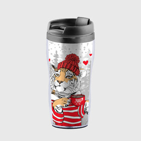 Термокружка-непроливайка с принтом Тигр с чашкой кофе , внутренняя часть — пищевой пластик, наружная часть — прозрачный пластик, между ними — полиграфическая вставка с рисунком | объем — 350 мл, герметичная крышка | 2022 | a cup of coffee | fir forest | happy new year | hearts | merry christmas | red hat | striped fur coat | tiger | year of the tiger | год тигра | еловый лес | красная шапка | новый год | полосатая шуба | рождество | сердца | тигр | чашка кофе