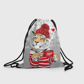 Рюкзак-мешок 3D с принтом Тигр с чашкой кофе , 100% полиэстер | плотность ткани — 200 г/м2, размер — 35 х 45 см; лямки — толстые шнурки, застежка на шнуровке, без карманов и подкладки | Тематика изображения на принте: 2022 | a cup of coffee | fir forest | happy new year | hearts | merry christmas | red hat | striped fur coat | tiger | year of the tiger | год тигра | еловый лес | красная шапка | новый год | полосатая шуба | рождество | сердца | тигр | чашка кофе