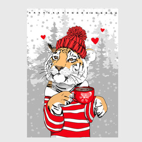 Скетчбук с принтом Тигр с чашкой кофе , 100% бумага
 | 48 листов, плотность листов — 100 г/м2, плотность картонной обложки — 250 г/м2. Листы скреплены сверху удобной пружинной спиралью | Тематика изображения на принте: 2022 | a cup of coffee | fir forest | happy new year | hearts | merry christmas | red hat | striped fur coat | tiger | year of the tiger | год тигра | еловый лес | красная шапка | новый год | полосатая шуба | рождество | сердца | тигр | чашка кофе