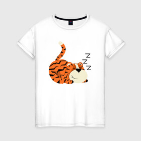 Женская футболка хлопок с принтом Спящий тигренок , 100% хлопок | прямой крой, круглый вырез горловины, длина до линии бедер, слегка спущенное плечо | 2022 | год тигра | новый год | новый год 2022 | символ года | тигр | тигренок | тигрица | тигры