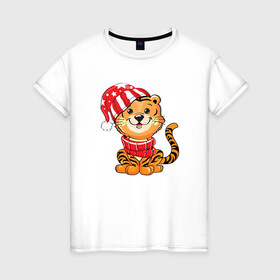 Женская футболка хлопок с принтом Тигренок в шапке и в шарфе , 100% хлопок | прямой крой, круглый вырез горловины, длина до линии бедер, слегка спущенное плечо | 2022 | год тигра | новый год | новый год 2022 | символ года | тигр | тигренок | тигрица | тигры