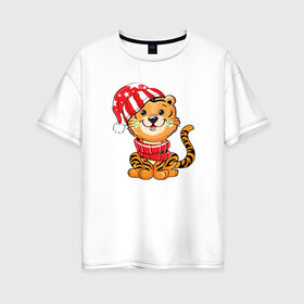 Женская футболка хлопок Oversize с принтом Тигренок в шапке и в шарфе , 100% хлопок | свободный крой, круглый ворот, спущенный рукав, длина до линии бедер
 | 2022 | год тигра | новый год | новый год 2022 | символ года | тигр | тигренок | тигрица | тигры