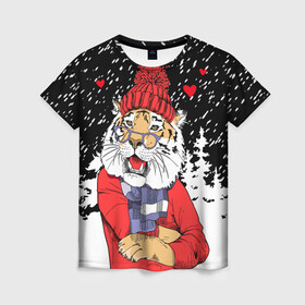 Женская футболка 3D с принтом Тигр в красном , 100% полиэфир ( синтетическое хлопкоподобное полотно) | прямой крой, круглый вырез горловины, длина до линии бедер | 2022 | fir forest | happy new year | hearts | merry christmas | red hat | santa claus | scarf | snow | tiger | year of the tiger | год тигра | еловый лес | красная шапка | новый год | очки | рождество | санта клаус | сердца | снег | тигр | шарф
