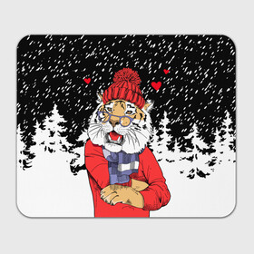 Прямоугольный коврик для мышки с принтом Тигр в красном , натуральный каучук | размер 230 х 185 мм; запечатка лицевой стороны | Тематика изображения на принте: 2022 | fir forest | happy new year | hearts | merry christmas | red hat | santa claus | scarf | snow | tiger | year of the tiger | год тигра | еловый лес | красная шапка | новый год | очки | рождество | санта клаус | сердца | снег | тигр | шарф