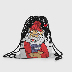 Рюкзак-мешок 3D с принтом Тигр в красном , 100% полиэстер | плотность ткани — 200 г/м2, размер — 35 х 45 см; лямки — толстые шнурки, застежка на шнуровке, без карманов и подкладки | 2022 | fir forest | happy new year | hearts | merry christmas | red hat | santa claus | scarf | snow | tiger | year of the tiger | год тигра | еловый лес | красная шапка | новый год | очки | рождество | санта клаус | сердца | снег | тигр | шарф