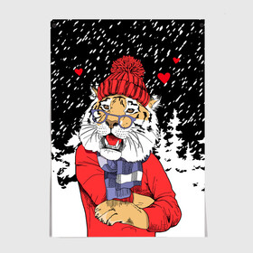 Постер с принтом Тигр в красном , 100% бумага
 | бумага, плотность 150 мг. Матовая, но за счет высокого коэффициента гладкости имеет небольшой блеск и дает на свету блики, но в отличии от глянцевой бумаги не покрыта лаком | 2022 | fir forest | happy new year | hearts | merry christmas | red hat | santa claus | scarf | snow | tiger | year of the tiger | год тигра | еловый лес | красная шапка | новый год | очки | рождество | санта клаус | сердца | снег | тигр | шарф