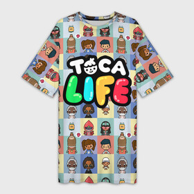 Платье-футболка 3D с принтом Toca Boca characters  Тока бока персонажи ,  |  | characters | toca boca | детская игра | игра | лого | логотип | персонажи | прикоснуться ко рту | тока бока