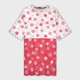 Платье-футболка 3D с принтом Снежинки (красно белые) ,  |  | merry christmas | дед мороз | ёлка | зима | мороз | новый год | подарок | праздник | рождество | с новым годом | сантаклаус | снег | снеговик | снегурочка | снежинки | снежные узоры | узоры