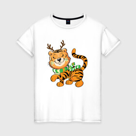 Женская футболка хлопок с принтом Тигренок   новогодний олень , 100% хлопок | прямой крой, круглый вырез горловины, длина до линии бедер, слегка спущенное плечо | 2022 | год тигра | новый год | новый год 2022 | символ года | тигр | тигренок | тигрица | тигры