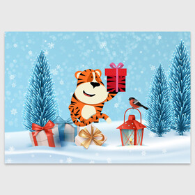 Поздравительная открытка с принтом Тигренок с подарком 2022 , 100% бумага | плотность бумаги 280 г/м2, матовая, на обратной стороне линовка и место для марки
 | 2022 | год тигра | новый год | новый год 2022 | символ года | тигр | тигренок | тигрица | тигры