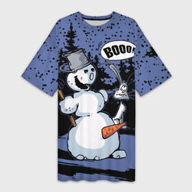 Платье-футболка 3D с принтом Снеговик на Хэллоуин ,  |  | broom | bucket | carrot | fir forest | frightened hare | halloween | new year | night | scary | snow | snowman | ведро | еловый лес | испуганный заяц | метла | морковка | новый год | ночь | снег | снеговик | страшный | хэллоуин