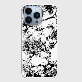 Чехол для iPhone 13 Pro с принтом Эффект линогравюры ,  |  | Тематика изображения на принте: abstract | black and white | minimalism | urban | urban camouflage | абстрактный узор | белая краска | белое на черном | белый и черный | белый узор | брызги краски | камуфляж | краска | минимализм | монохромный | орнамент