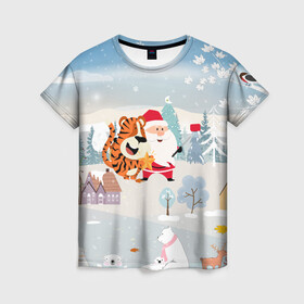 Женская футболка 3D с принтом Санта и тигр делают сэлфи , 100% полиэфир ( синтетическое хлопкоподобное полотно) | прямой крой, круглый вырез горловины, длина до линии бедер | 2022 | год тигра | новый год | новый год 2022 | символ года | тигр | тигренок | тигрица | тигры