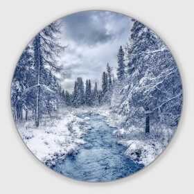 Круглый коврик для мышки с принтом СНЕЖНЫЙ ПЕЙЗАЖ , резина и полиэстер | круглая форма, изображение наносится на всю лицевую часть | fores | ice | snow | white | winter | белый | вода | зима | иней | красота | лед | лес | мороз | небо | новый год | пейзаж | природа | река | ручей | снег