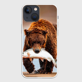 Чехол для iPhone 13 mini с принтом Медведь с рыбой во рту ,  |  | bear | дикие | животные | звери | лес | медведь | мишка | природа | русская рыбалка | рыба