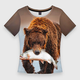 Женская футболка 3D Slim с принтом Медведь с рыбой во рту ,  |  | bear | дикие | животные | звери | лес | медведь | мишка | природа | русская рыбалка | рыба
