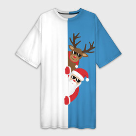 Платье-футболка 3D с принтом Крутые Санта и Олень ,  |  | christmas | merry christmas | santa claus | в очках | дед мороз | ёлка | новогодние олени | новый год | оленёнок бэмби | оленёнок рудольф | с новым годом | сантаклаус | свитер с оленями | северный олень | снегурочка