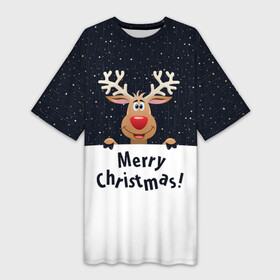 Платье-футболка 3D с принтом Новогодний Оленёнок Рудольф ,  |  | christmas | merry christmas | santa claus | дед мороз | ёлка | новогодние олени | новый год | оленёнок бэмби | оленёнок рудольф | с новым годом | сантаклаус | свитер с оленями | северный олень | снегурочка | снежинки