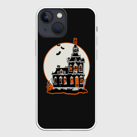 Чехол для iPhone 13 mini с принтом Gloomy Castle ,  |  | Тематика изображения на принте: bat | castle | cat | dark | gloomy | halloween | jack | lamp | moon | night | pumpkin | skeleton | spider | sunset | tailcoat | web | джек | джека | замок | кот | летучая | луна | мрачный | мышь | ночь | паук | паутина | свет | светильник |