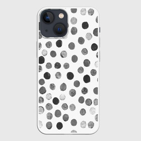 Чехол для iPhone 13 mini с принтом Кружочки на белом фоне ,  |  | белое | горох | горошек | краска | круги | круглое | круглые | кружки | кружочки | мазки | орнамент | паттерн | принт | пятна | пятнышки | серое | узор | чб | чернобелое | черное