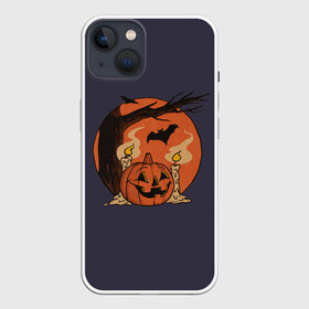 Чехол для iPhone 13 с принтом Night of Fear. Mystic Sunset ,  |  | bat | branch | candle | candles | evening | flame | halloween | jack | lamp | mystic | night | pumpkin | smoke | sunset | tree | wax | ветка | вечер | воск | дерево | джека | дым | закат | летучая | мистика | мышь | ночь | пламя | светильни