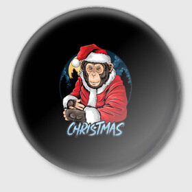 Значок с принтом CHRISTMAS (обезьяна) ,  металл | круглая форма, металлическая застежка в виде булавки | chimpanzee | christmas | gorilla | merry christmas | monkey | santa claus | бигфут | гамадрил | гиббон | год обе | горилла | дед мороз | ёлка | животное | зверь | мартышка | новый год | обезьяна | орангутан | подарок | праздник