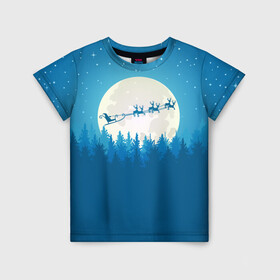 Детская футболка 3D с принтом Санта с Оленями , 100% гипоаллергенный полиэфир | прямой крой, круглый вырез горловины, длина до линии бедер, чуть спущенное плечо, ткань немного тянется | christmas | merry christmas | santa claus | дед мороз | ёлка | зима | луна | мороз | новогодние олени | новый год | оленёнок рудольф | подарок | праздник | рождество | с новым годом | сани | санта клаус | свитер с оленями